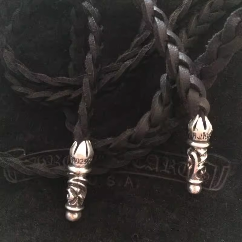 克罗潮925纯银潮牌复古手链男女百搭款心皮绳项链吊坠颈链毛衣链