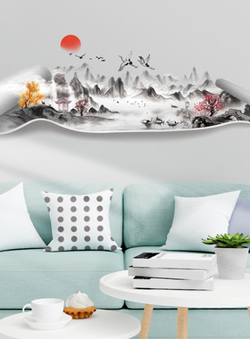 中国风壁纸自粘书房客厅沙发电视背景墙贴画中式山水画贴纸69008