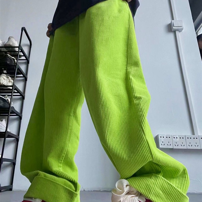 美式复古hiphop荧光绿阔腿裤子女春夏季垂坠感休闲拖地长裤ins潮