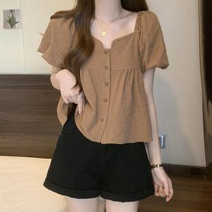 正肩短款 大码 女夏胖mm宽松显瘦遮肚气质法式 方领泡泡短袖 上衣 衬衫