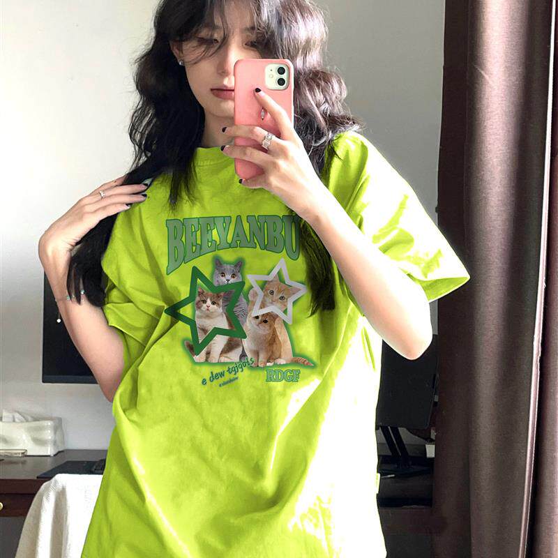 多巴胺穿搭正肩t恤短袖女2024春夏oversize薄荷曼波风荧光绿上衣