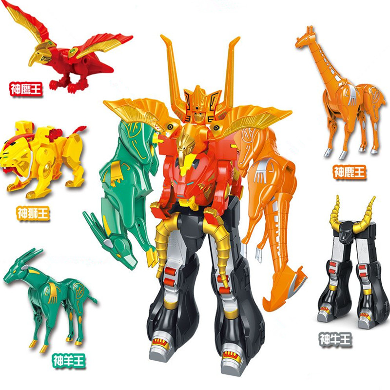新款神兽大合体百兽动物变形五合体机器人金刚拼装牛狮虎王男玩具