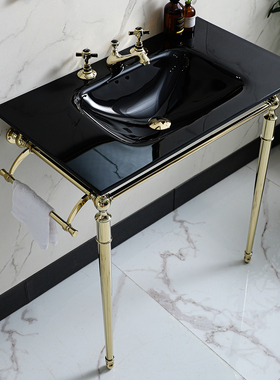 黑色玻璃洗脸盆配金色铜制金属支架出口高档酒店别墅basin stand