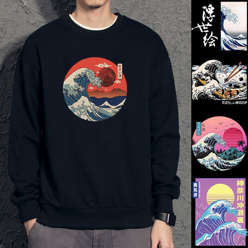 祺神奈川冲浪里圆领卫衣浮世绘长袖周边日系和风情侣装衣服潮