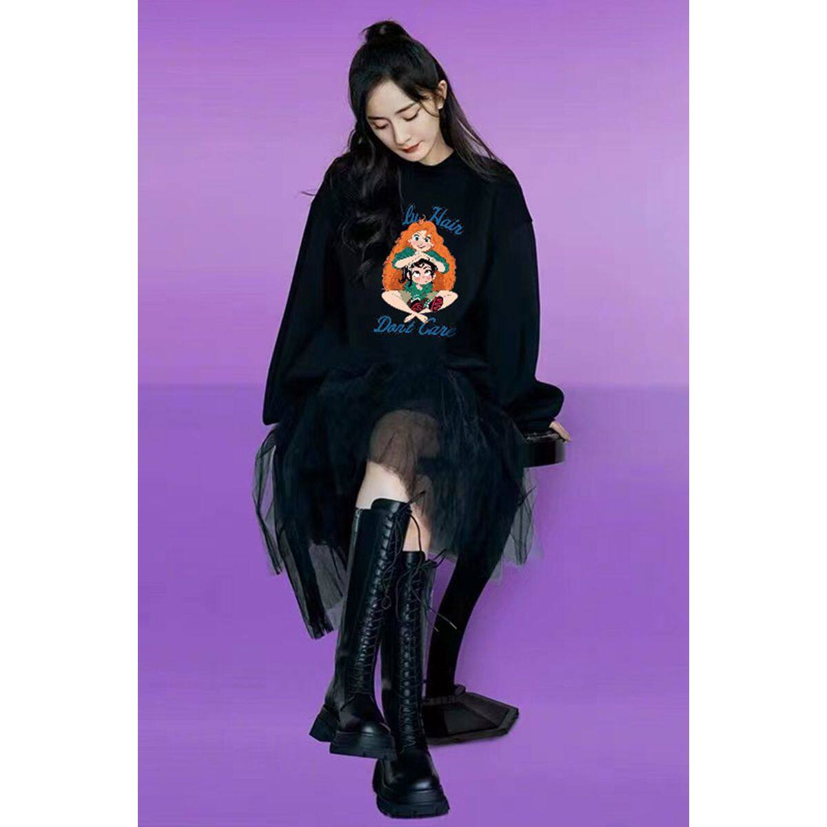 明星同款卡通印花圆领卫衣女2022年秋季新款设计感小众情侣上衣潮