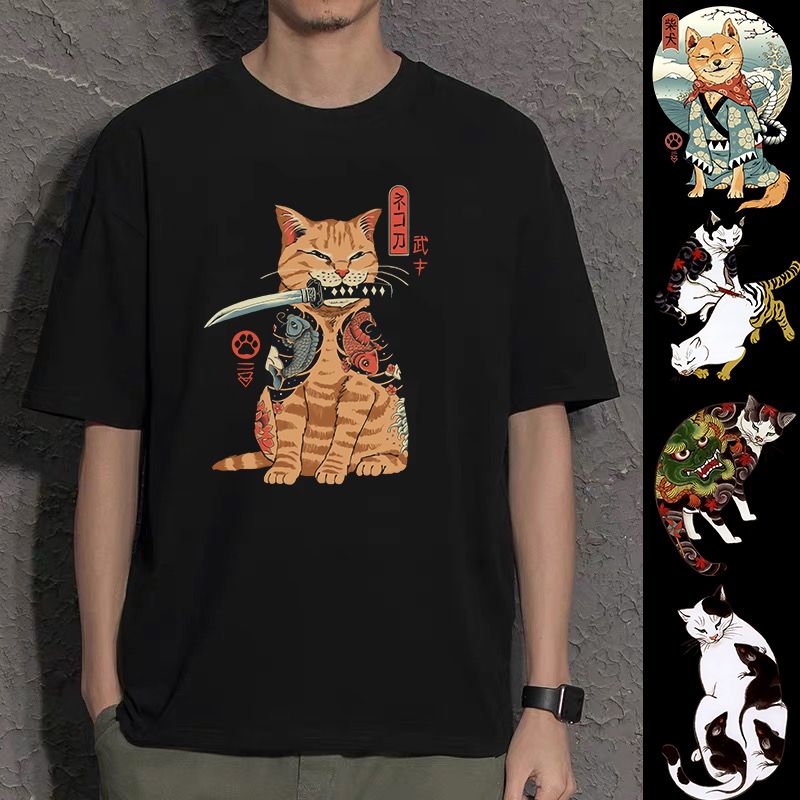 浮世绘T恤橘猫短袖柴犬周边猫奴日系和风情侣装衣服男女t桖