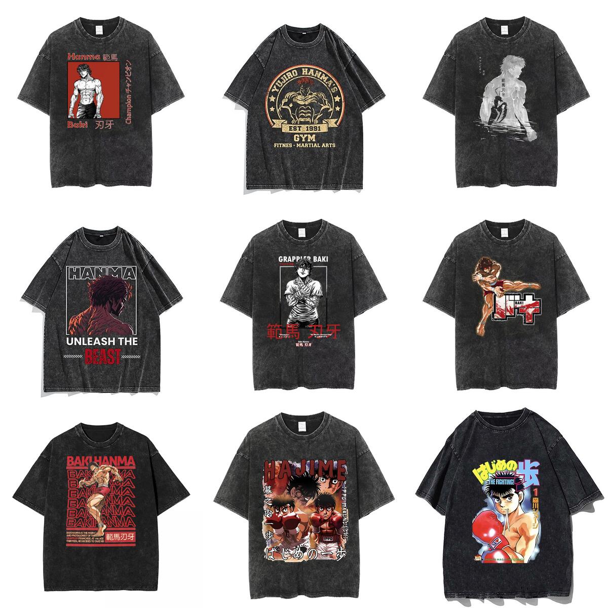 美式复古水洗做旧短袖t恤Baki Hanma纯棉男潮牌高街嘻哈宽松情侣