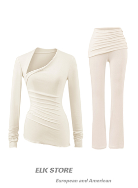 skims卡戴珊云朵系列不对称褶皱斜肩长袖t恤翻腰修身休闲裤半身裙