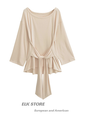 纯欲风露肩绑带防晒罩衫女辣妹斜肩宽松中长款松弛感黑色t恤上衣