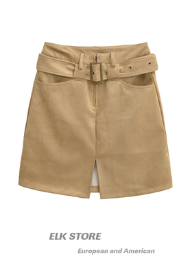 咖色麂皮绒半身裙女秋冬新款高腰开叉设计感直筒中裙遮胯加厚裙子