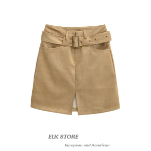 高腰开叉设计感直筒中裙遮胯加厚裙子 咖色麂皮绒半身裙女秋冬新款