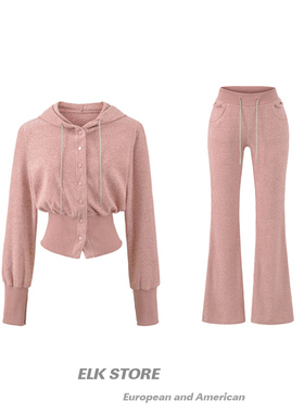 lu系休闲运动套装纯欲显瘦连帽长袖外套卫衣慵懒舒适微喇裤两件套