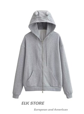 小恶魔灰色连帽双拉链卫衣男女同款上衣情侣开衫休闲纯色外套帽衫