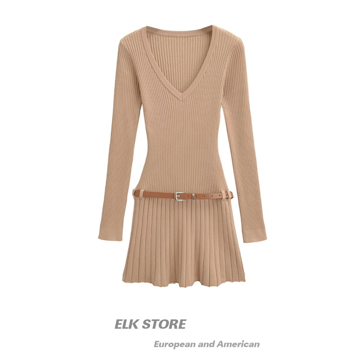 温柔气质韩版喇叭袖v领修身针织连衣裙女秋冬收腰短款打底裙短裙,女装/女士精品,连衣裙,淘宝优惠券,粉丝福利购,淘宝优惠卷