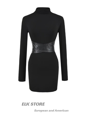 法式黑色长袖秋冬磨毛紧身连衣裙女辣妹性感纯欲拼接显瘦包臀短裙