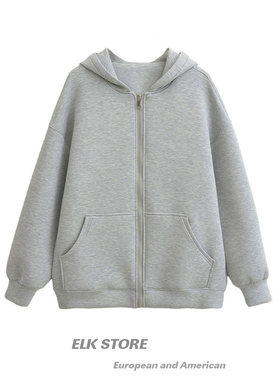 虞书欣同款空气层卫衣连帽开衫上衣秋宽松慵懒风灰色拉链休闲外套