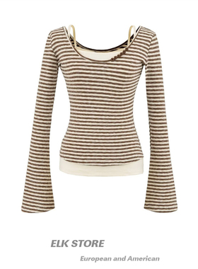 秋季厚款条纹长袖打底衫女韩系慵懒风松弛上衣修身显瘦v领t恤新款