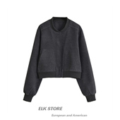 欧美风复古短款 毛呢棒球服外套秋季 百搭宽松显瘦灰色休闲上衣夹克