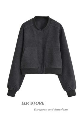 欧美风复古短款毛呢棒球服外套秋季百搭宽松显瘦灰色休闲上衣夹克