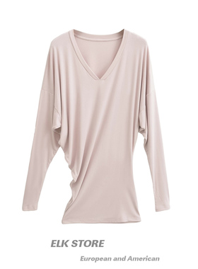 慵懒小众v领堆叠收腰显瘦上衣宽松舒适气质斜肩防晒罩衫长袖t恤女