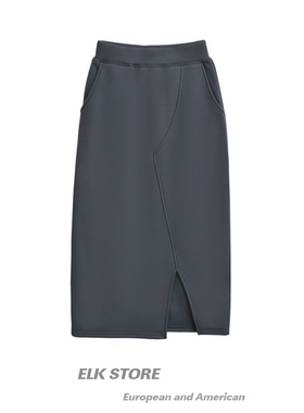 美式复古灰色开叉颗粒绒卫裙冬季时尚加厚百搭保暖修身包臀半身裙