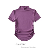 T恤上衣 纯色短袖 美式 性感纯欲辣妹紧身显瘦小高领u型下摆褶皱短款