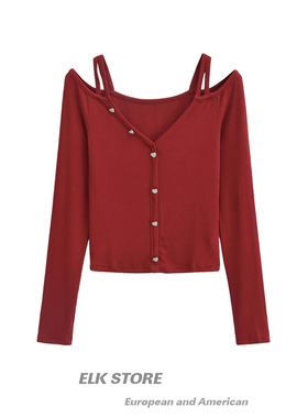 纯欲风黑色露肩修身正肩长袖t恤秋季新款辣妹显瘦短款爱心扣上衣