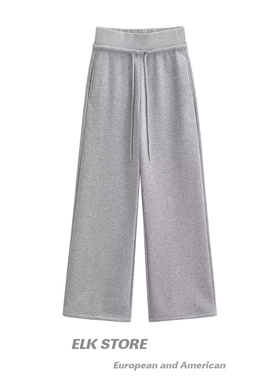 假两件腰头灰色运动裤女秋冬加绒显瘦直筒裤低腰拖地抽绳宽松裤子