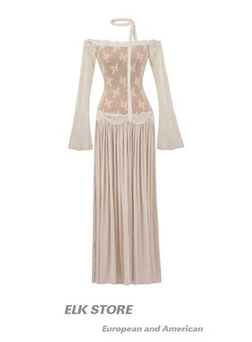 一字领蕾丝长袖连衣裙女秋季高级感气质飘带仙女裙修身露肩长裙