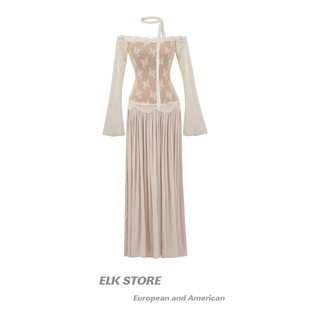 露肩长裙 高级感气质飘带仙女裙修身 一字领蕾丝长袖 连衣裙女秋季