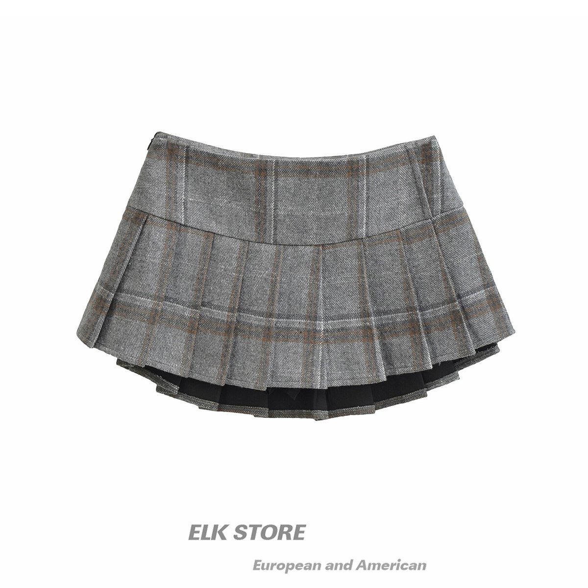韩系格调撞色格纹毛呢半身裙女新款JK百搭中低腰百褶裙a字裙短裙