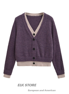 韩版紫色假两件慵懒针织开衫秋季新款上衣撞色潮流宽松毛衣针织衫