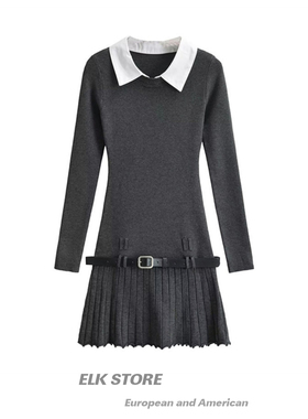 学院风早秋假两件衬衫领连衣裙女复古修身显瘦灰色拼接辣妹百褶裙