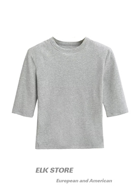 辣妹正肩黑色中袖t恤女夏季新款五分袖修身显瘦半袖圆领打底上衣