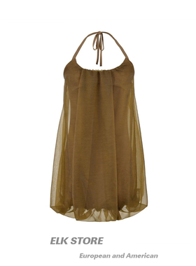 复古花苞挂脖系带度假墨绿色露背性感弹力纱裙连衣裙宽松透气短裙