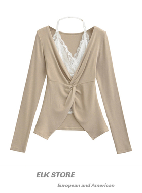 韩版灰色假两件打底衫t恤女秋季蕾丝拼接扭结设计感修身长袖上衣