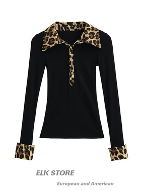 美式辣妹性感豹纹长袖t恤女春季新款修身收腰显瘦黑色上衣打底衫