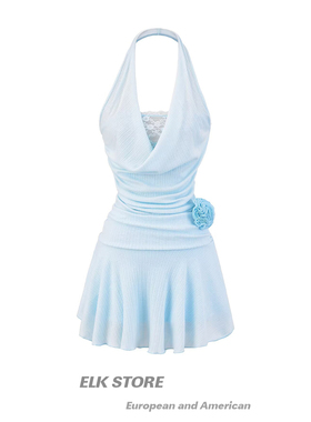 两件套蕾丝拼接荡领露背挂脖连衣裙女蓝色花朵裙纯欲修身a字短裙