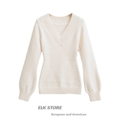 法式 上衣 毛衫 温柔软糯白色v领露肩毛衣秋冬毛线衣清纯修身 针织衫