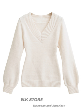 法式温柔软糯白色v领露肩毛衣秋冬毛线衣清纯修身针织衫毛衫上衣