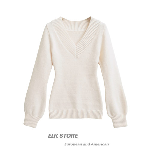 法式温柔露肩白色显瘦针织衫毛衣