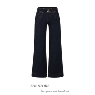 女宽松不帖腿高个子加长休闲裤 美式 复古水洗原色微喇中低腰牛仔裤