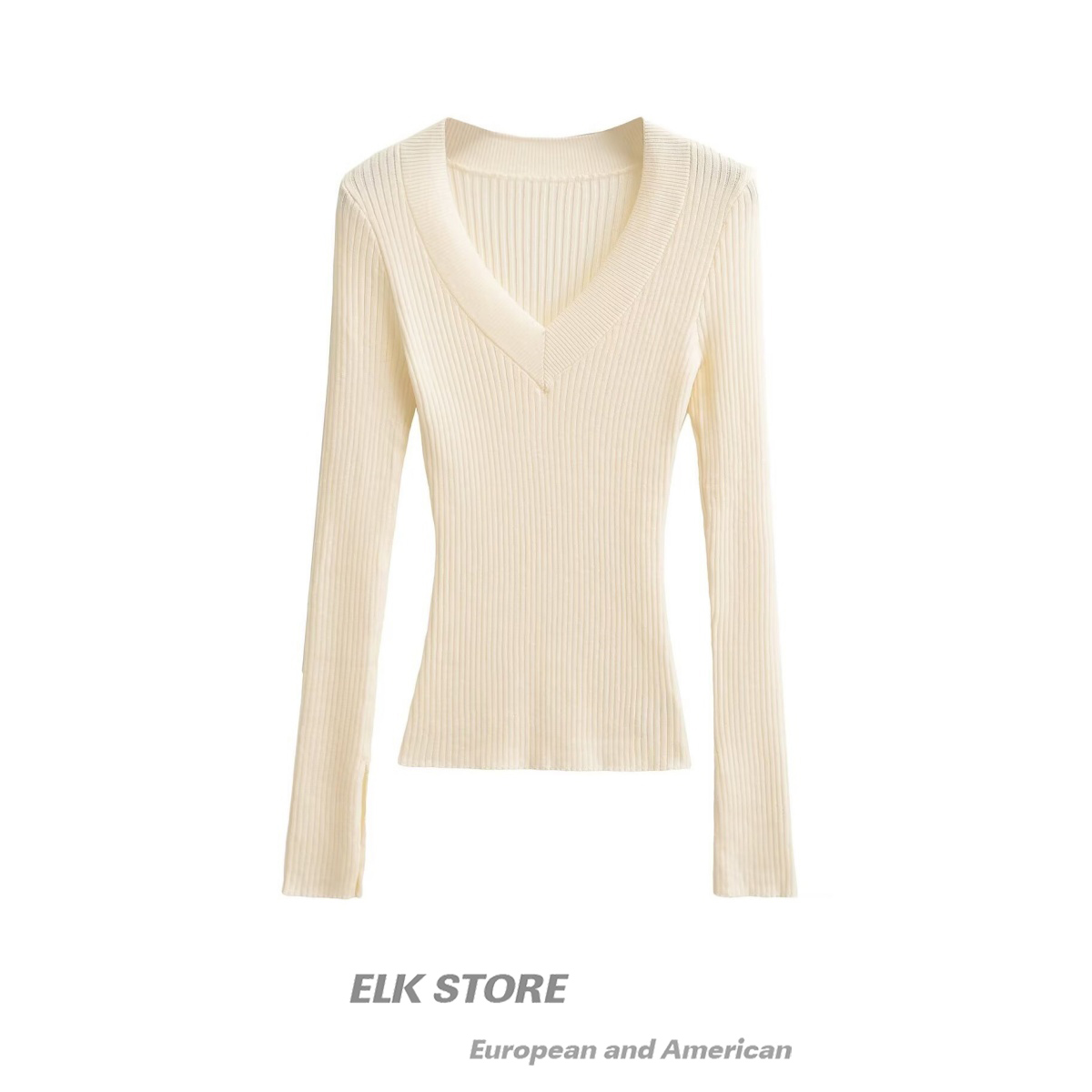 修身显瘦坑条v领长袖针织衫上衣
