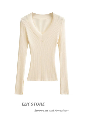 闭眼入韩系修身坑条v领内搭针织衫秋冬性感显瘦收腰长袖灰色上衣