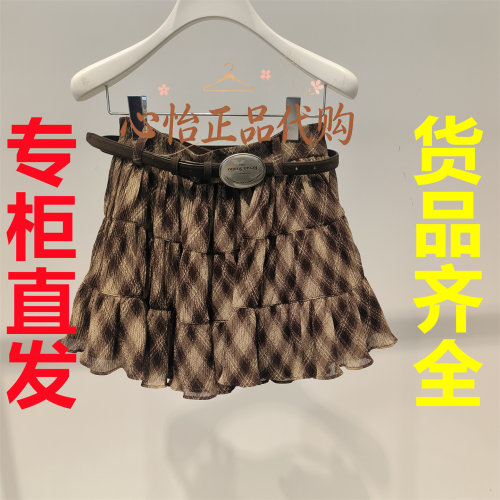 国内代购REVAN芮范棕格纹网纱分层褶皱A摆复古甜妹短裙RK91501360