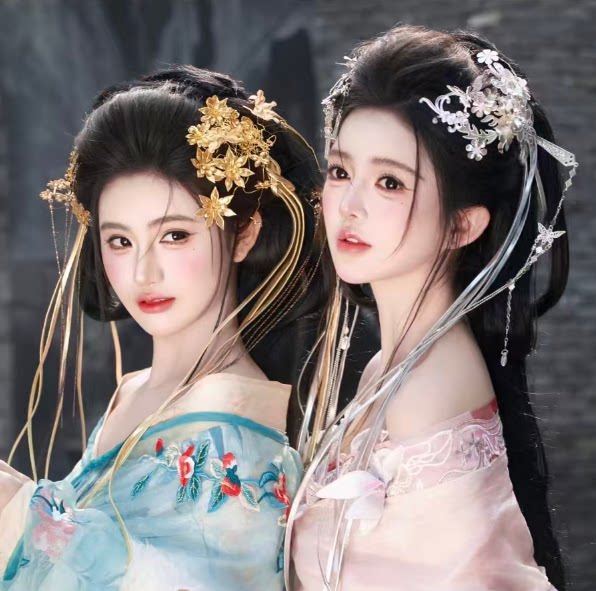 古风汉服虞姬发饰女金色银色花朵流苏发夹国风头饰宫廷风复古发钗