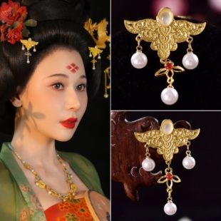 金色发簪唐风抹额花钿小发簪云肩发簪金簪钗錾刻唐代古风汉服头饰