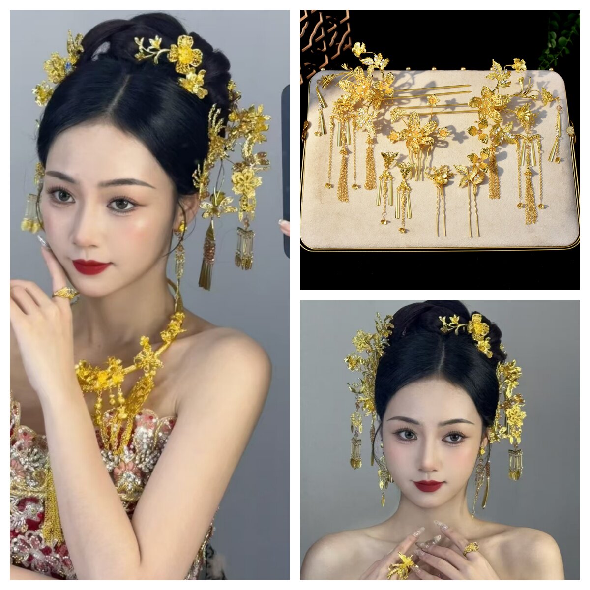 一饰新娘新中式新娘头饰金色花朵流苏秀禾服结婚礼服发饰高级气质