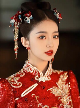 红色绒花中式头饰简约大气结婚