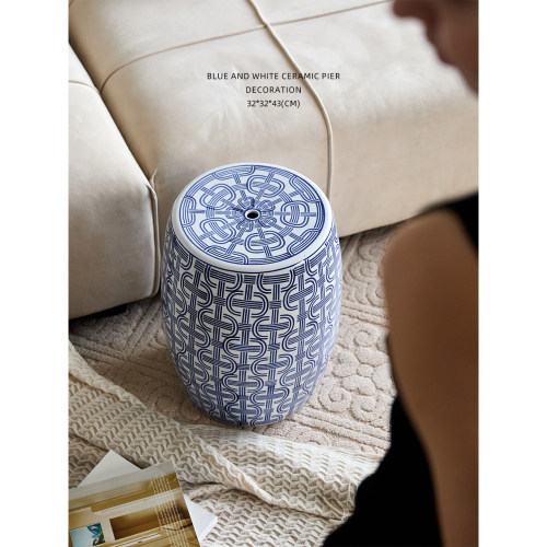 迷屿 陶瓷凳几何图案青花瓷梳妆凳换鞋凳新古典陶瓷凳子鼓凳墩子